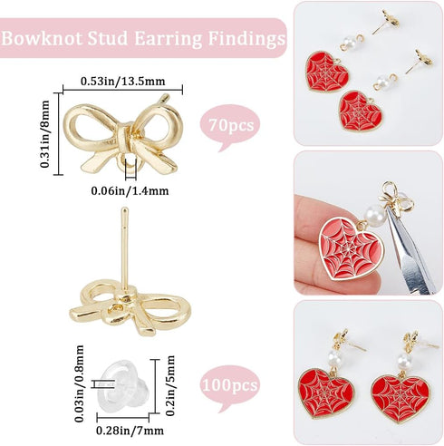 SUNNYCLUE 1 Box 70Pcs Bowknot Post Earring Findings Earring Stud with Hole Earring Posts Gold Earring Stud with Hole Stud Earrings for Jewelry Mak...