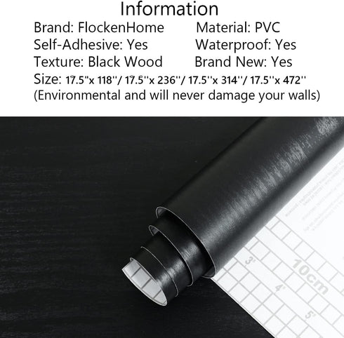 17.5" x 118" Black/White Wood Peel and Stick Wallpaper Self-Adhesive & Removable Wallpaper for Countertop Kitchen Wall Wood Plank Textured Vinyl R...