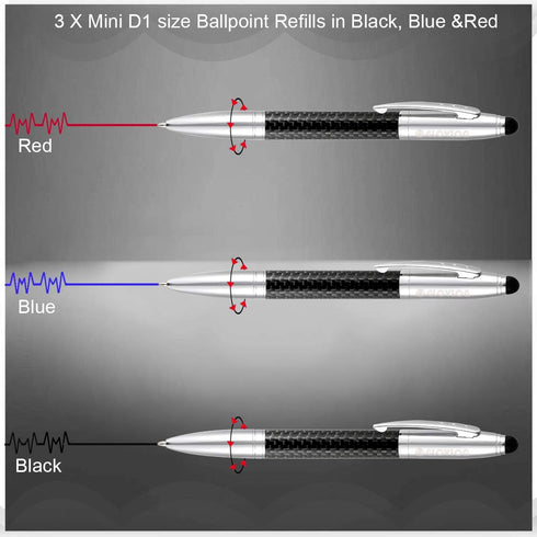 Glovion Multicolor Ballpoint Pen with Stylus Tip, 2 in 1 Ink Writing Pens Carbon Fiber Stylus Pen with 3 Replacement Stylus Tips Refills for Touch...