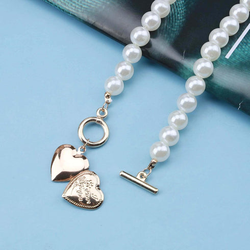 Vintage Pearl Choker Necklace Gold Circle T Bar Necklace Bohemia Heart Necklace Love Heart Pendant Necklace Chain Jewelry for Women and Girls (Hea...