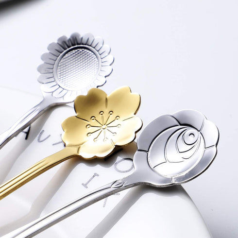 Flower Spoons 12-Pack 18/0 Stainless Steel Creative Cute Tableware include Rose Sunflower Sakura Mini Teaspoon Dessert Spoons by IRONX(Flower12)...