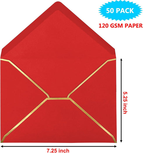 50 Pack 5x7 Envelopes for Invitations with Gold Border, Self Adhesive A7 Envelopes with V-Flap for Greeting Cards Gift Cards, Invitation Envelopes...