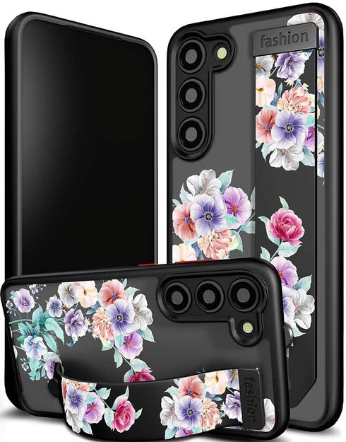 Galaxy S23 Case Cute with Strap Stand Finger Kickstand, Case for Flower Floral Designer for Girls Aesthetic Cool Silicone Compatible with Samsung ...
