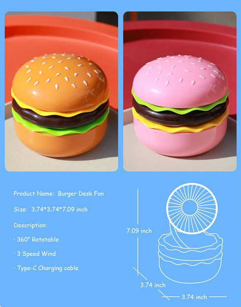 Portable Mini Desk Fan with Mirror, 3 Speeds Airflow, 360° Rotation, USB Rechargeable, Burger Shape Summer Gift Table Fan Handheld (Brown)...