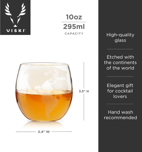 Viski Globe Glass Whiskey Tumblers, Etched Glass Whiskey Enthusiast Gift and Glassware Accessory, 10 oz, Set of 2...