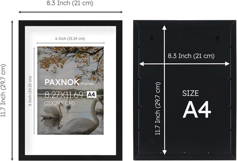 A4 Frame Black - Display 6x8 Picture Frame With Mat or 8.27x11.69 Inch Without Mat Poster Frame, Certificate Document Frame, for Wall Art...