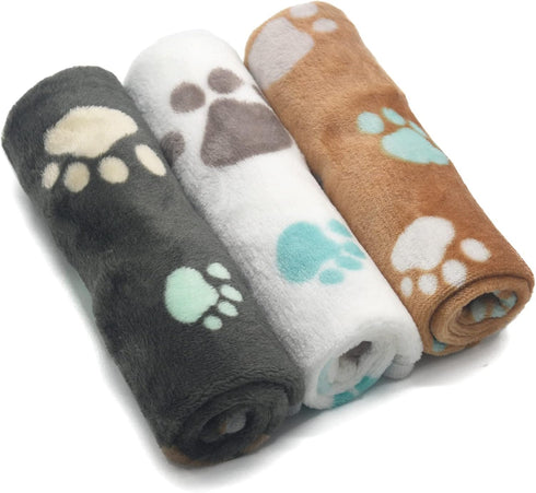 1 Pack 3 Puppy Blankets Super Soft Warm Sleep Mat Cute PAW Print Blanket Fleece Pet Blanket Flannel Throw Dog Blankets for Small Dogs Puppy Cats,G...