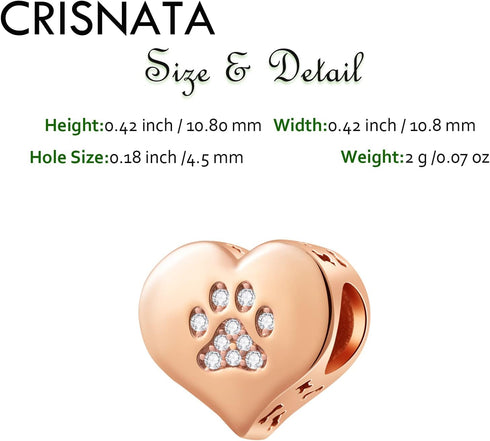 Puppy Dog Paw Print Charms with Brithstone Crystal, 925 Sterling Silver Pawprint Heart Bead, fits European Animal Bracelet Necklace, Gifts for Mom...