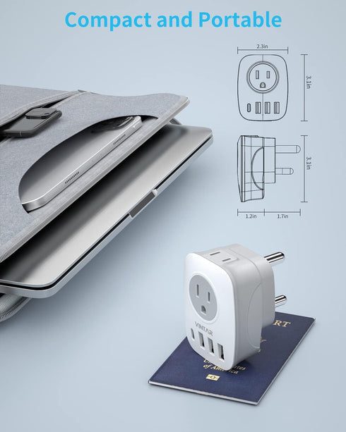 South Africa Power Adapter,VINTAR Type M Plug Adapter with 1 USB C,3 USB Ports and 2 American Outlets,6 in 1 South Africa Travel Plug Adapter for ...