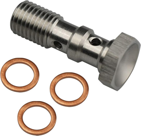 Universal Stainless Steel -3 AN 3/8" x 24 UNF Thread Turbo Brake Line Banjo Bolt with 3pcs Copper Washers, Double Banjo Bolt 31mm Length...