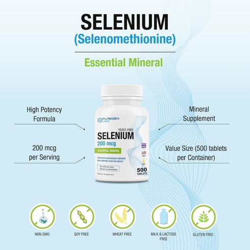 Puregen Labs Selenium 200 mcg Yeast Free Essential Mineral - 500 Vegetarian Tablets | Immune & Antioxidant Support | Non-GMO, Gluten Free, Made in...