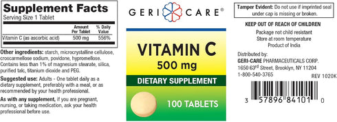 GeriCare Vitamin C 500 mg, Antioxidant, Immune System Support, Nutritional Supplement Tablets, 100 Count (Pack of 1)...