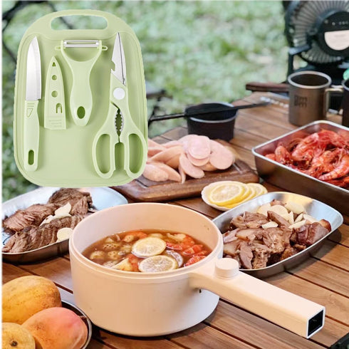 Mini Travel Cutting Board Set, 4 Pcs Portable Mini Camping Plastic Cutting Board & Knife, Fruits & Vegetable Peeler Scissors(Green)...