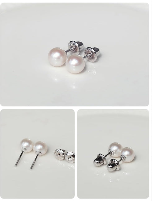 Freshwater Pearl Earrings with Screw Back for Women 925 Sterling Silver Sensitive Genuine 6mm White Real Round Cultured Pearls Stud Everyday Earri...