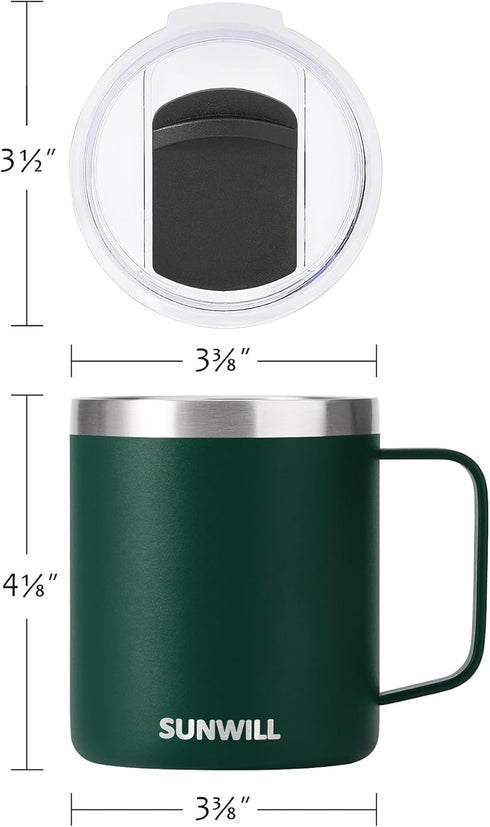 SUNWILL Travel Coffee Mug with Lid, Insulated Cup with Handle, 14 oz Stainless Steel Tumbler for Camping, Office, Outdoor, Powder Coated Forest Gr...
