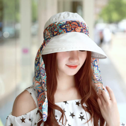 2 in 1 Foldable Sun Hat with Neck Flap Beach Fishing Hat Large Brim UV Protection Hat Gardening Walking Hat for Women Girls Beige...