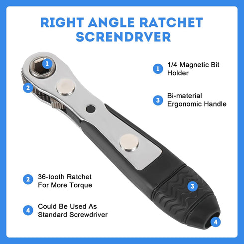 Right Angle Screwdriver,42 PCS 1/4 Mini Ratchet Set,90 Degree Offset Ratcheting Wrench,Hex/Torx/Slotted/Phillips Magnetic Bits,Stocking Stuffers f...