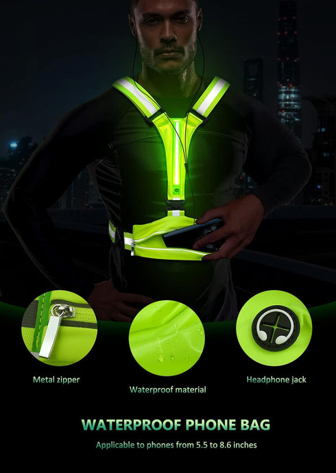 LED Reflective Vest Running Gear, USB Rechargeable Light Up Running Vest Chest Phone Holder for Runners Night Walking,6-11hrs Light Adjustable Wai...