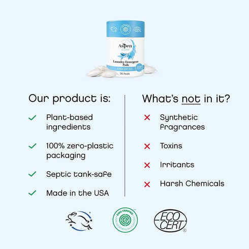 Unscented Laundry Pods by AspenClean, New and Improved Packaging, Zero Plastic, EWG Verified™, Vegan, Hypoallergenic Natural Laundry Detergent - 3...