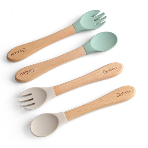 Ginbear Silicone Baby Spoon and Fork Set Self-feeding, Baby Flatware Sets, Toddler Feeding Utensils for Child 6 Months+ (Hazy Green/Almond)...
