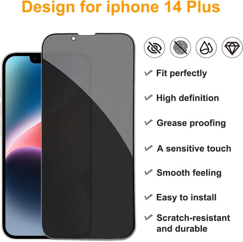 pehael 2+2 Pack iPhone 14 Plus Privacy Screen Protector with Camera Lens Protector Full Coverage Anti-Spy Tempered Glass Film 9H Hardness Bubble F...