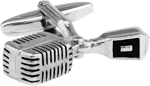 Old-School Broadcast Microphone Silver with Black Music Cufflinks...