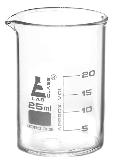 EISCO Beaker, 25ml - Griffin Style, Low Form with Spout - White, 5ml Graduations - Borosilicate 3.3 Glass...