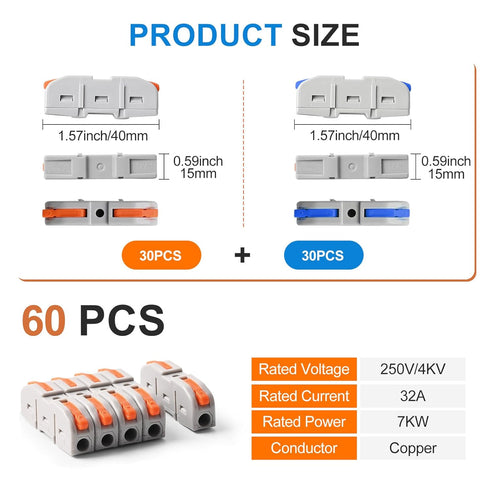 Lever Wire Connectors,KLMNDUO 60pcs 1 to 1 Inline Electrical Wire Connector kit for Quick Connect?1 Conductor Compact Wire Connectors Splicing Con...