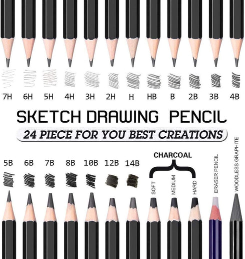 Sketching Pencil Set - 24 Pieces Drawing Sketch Pencil HB,B,2B,3B,4B,5B,6B,7B,8B,10B,12B,14B,H,2H,3H,4H,5H,6H,7H, Includes Charcoal, Eraser, Graph...