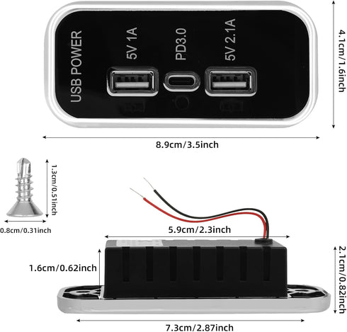 3 Ports 12V RV USB Outlet, PD3.0 USB C & Dual USB A Car Charger Socket Panel Wall Mount with Screws, Automotive USB Power Outlet Fast Charger Adap...
