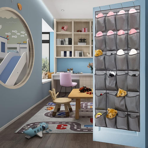 Over The Door Hanging Shoe Organizer Shoe Rack Hanger 24 Large Fabric Pockets Holder with 4 Sturdy Hooks (GREY)...