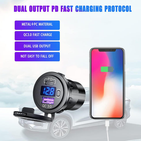 USB C Car Charger Socket, Dual Ports 12V/24V Outlet PD3.0 & QC3.0 Fast Charge Car Charger Adapter with ON/Off Switch and LED Voltmeter for Car, Bo...