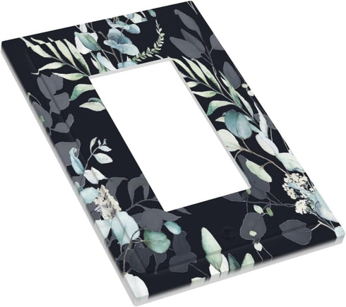 Decorative Switch Plate Covers Boho Black/Grey Eucalyptus Leaf Floral 1 Gang Single Decora GFCI Device Light Switch Cover 1 Rocker Outlet Wall Pla...