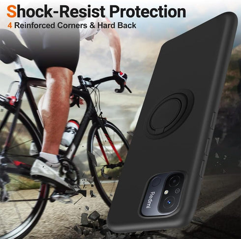 Phone Case with Glass Screen Protector for Xiaomi Redmi 12C/Poco C55 - Black, 360° Rotatable Ring Holder, Magnetic Kickstand, Shockproof Protectiv...
