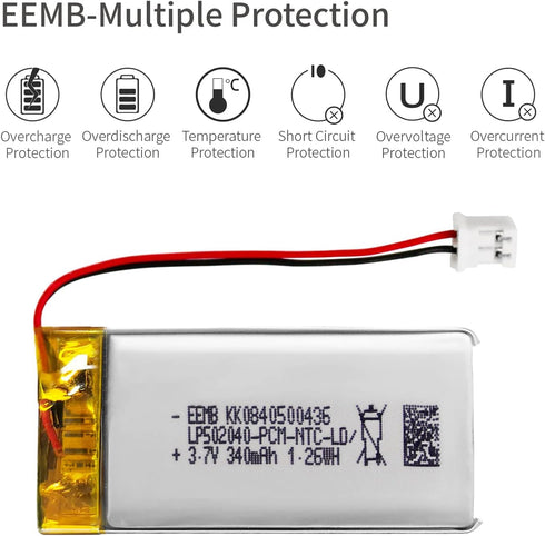 EEMB Lithium Polymer Battery 3.7V 340mAh 502040 Lipo Rechargeable Battery Pack with Wire JST Connector for Speaker and Wireless Device- Confirm De...