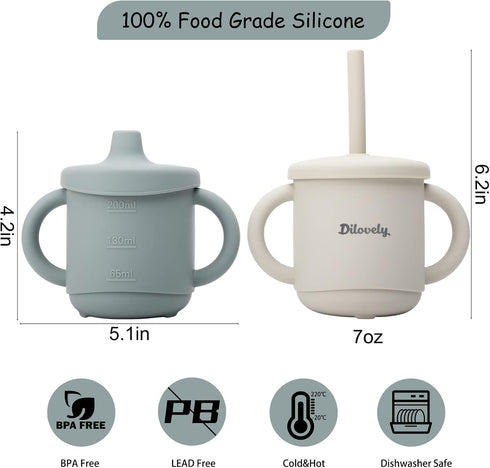 Silicone Sippy Cup for Toddler, Transition Straw Cups for baby 12 months +, Unbreakable Kids Cups 3 in 1, 2 Pack Dishwasher & Microwave Safe, BPA ...