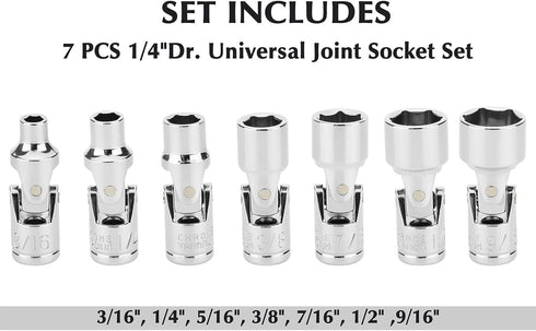 EMENTOL 7PCS 1/4" Drive Universal Joint Socket Set, 6 Point, SAE Universal Flex Socket Set, CR-V, Swivel Head, 3/16 Inch - 9/16 Inch...