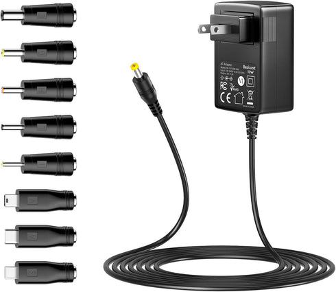 5V 2A AC Adapter, Basicvolt Versatile 5Volt 2Amp Power Supply Wall Charger Power Adapter w/ 8 Tips for Camera, BT Speaker, GPS, USB Hub, TV Box, W...