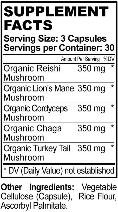 5 Mushrooms Reserve Blend Mushroom Supplement - Lions Mane, Turkey Tail, Reishi, Chaga, Cordyceps - Immune System, Brain, Cognition, Energy, Mood ...