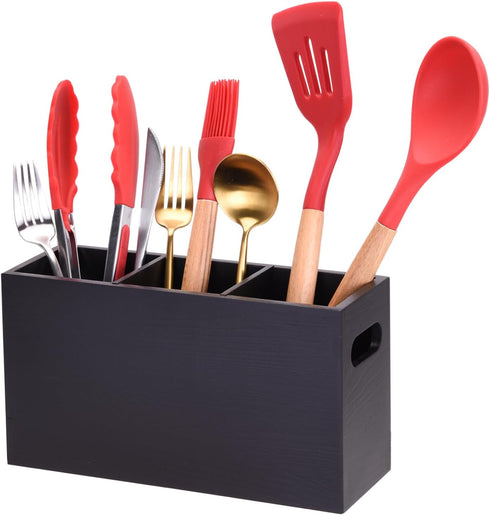 WuGeShop Heightened Kitchen Utensil Holder, Wooden Silverware Caddy, Cutlery Organizer with 3 Compartments, Great Cutlery Holder - Ideal for Kitch...