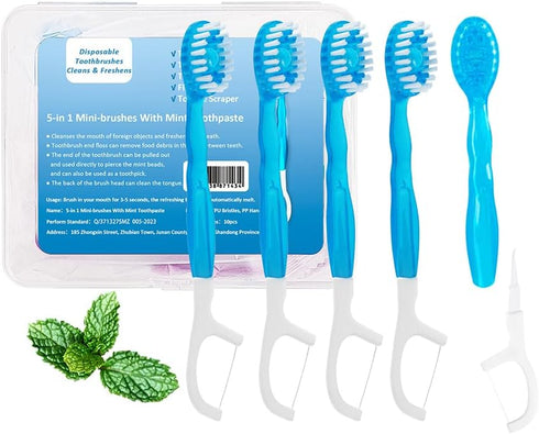 5 in 1 Mini Disposable Toothbrushes with Toothpaste Travel Portable Toothbrush with Toothpaste + Tongue Scraper + Picks+Floss Travel Case (Mint, 1...