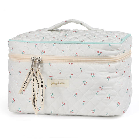 Cotton Makeup Bag, Quilted Cosmetic Bag with Handle Large Capacity Travel Toiletry Bag for Women Cute Aesthetic Floral Makeup Bag (White)...