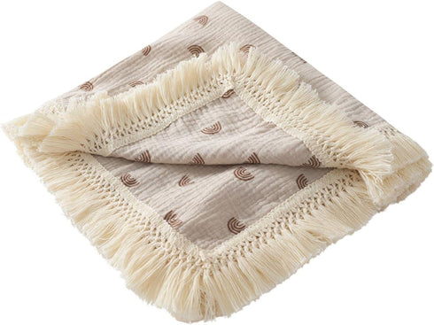 Cotton Baby Muslin Tassles 40"x 47", Baby Receiving Blanket with Fringe, Boho Muslin Swaddle Blanket with Fringe- Earth Rainbow…...