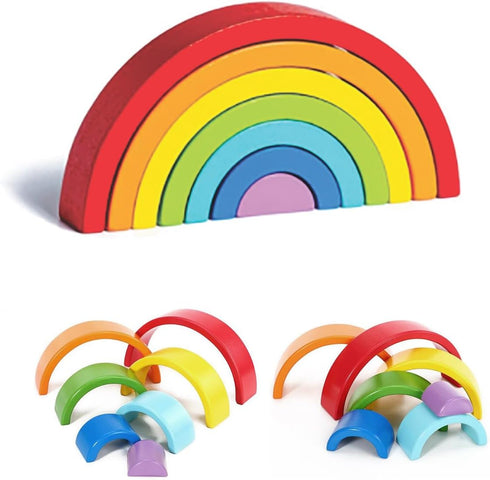 Wooden Rainbow, Stacking Learning Toy for Kids Toddlers Baby, 7 Pieces Bright Colors Rainbow, Building Blocks Game. Rainbow Arch Puzzle Tunnel....