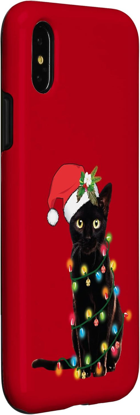 iPhone X/XS Santa Black Cat Tangled Up In Christmas Tree Lights Case...