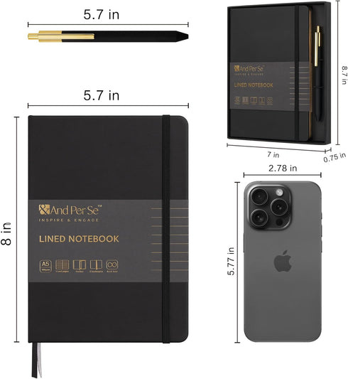 A5 Lined Leather Journal and Pen Set, Hardcover Notebook with Pen, 160 Pages 100gsm Thick Ruled Paper for Men Women, for Work, Business, School or...