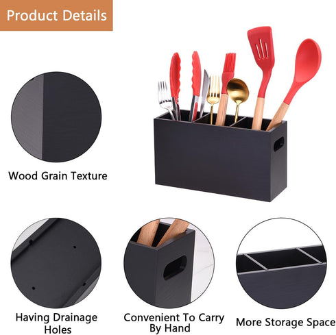WuGeShop Heightened Kitchen Utensil Holder, Wooden Silverware Caddy, Cutlery Organizer with 3 Compartments, Great Cutlery Holder - Ideal for Kitch...