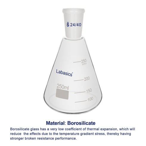 Glass 24/40 Erlenmeyer Flask, Borosilicate Glass Heavy Wall Flask with 24/40 Standard Taper Outer Joint, 250 ml...