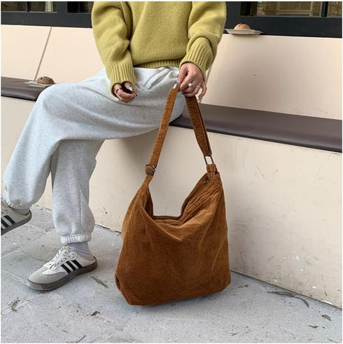 Women Large Corduroy Hobo Bag with Zipper Wide Strap Crossbody Bag Shoulder Bag Shopping Bag Purse Handbag...