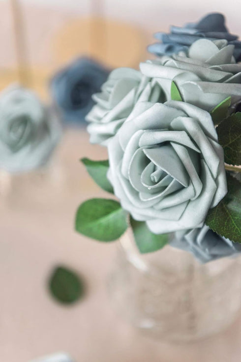 Ling's Moment Artificial Flowers 50Pcs Dusty Blue & Navy Roses Decor w/Stems,3" Real Touch DIY Foam Floral for Wedding Bouquet/Centerpieces, Outdo...